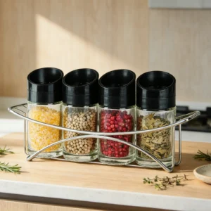 four pieces glass spice jar set with stand