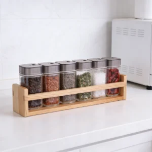 glass spice jar set with wooden stand
