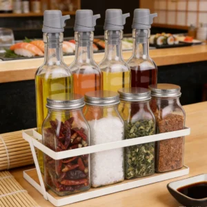 glass spice jar with oil bottle set with stand