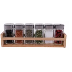 80872002 6 Jars Glass Spice Set with Spice Rack Wood